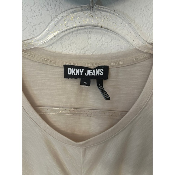 DKNY Beige Ruched Ribbed Short Sleeve Tee XL - Picture 2 of 3